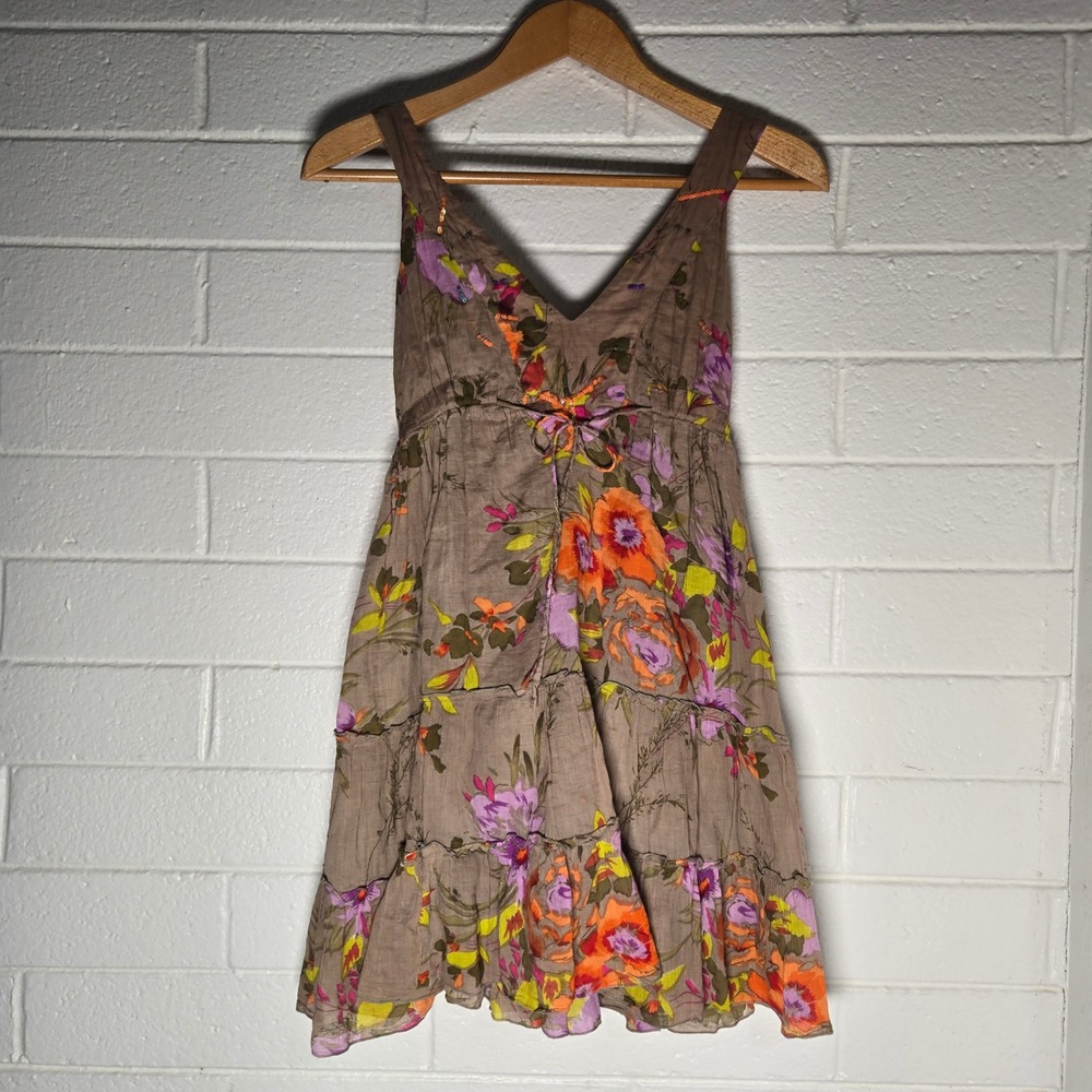Vtg Funky People Floral Cotton Tiered Mini Dress Medium Brown Boho Sequin Y2K